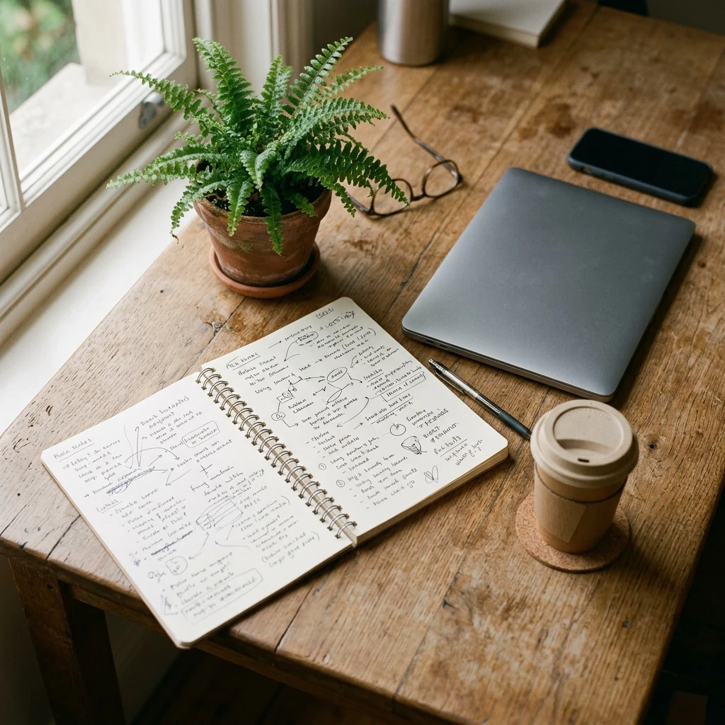 Notebook and pen with a coffee cup on a sunlit desk representing program-specific notes