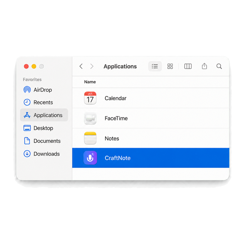 The macOS Applications folder with CraftNote selected